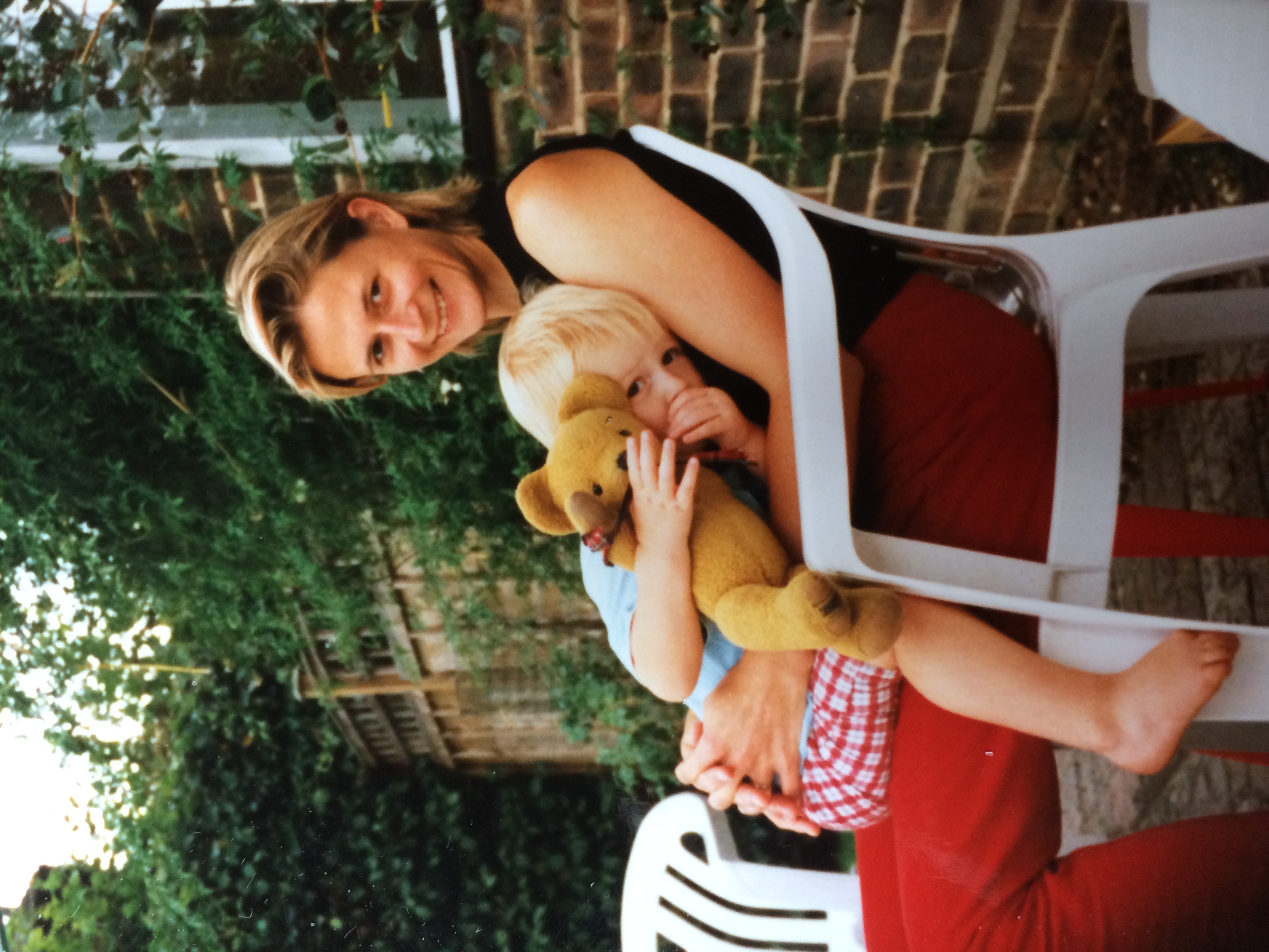 Morning honey. Just taken Martha for a walk. Still a little subdued but adjusting to her urban life for now. She met a gorgeous Puerto Rican rescue dog - even better still a squirrel and all the usual excitement that goes with that! Sue kindly brought Heidi and Trevor to see you. As considerate and inspirational as ever. They had some photos, from summer 1996.  One of me holding a baby Naomi. And this of you cuddling Alfie. Inseparable from Teddy of course, who's had his own traumas (how many times have you had to stitch and patch him together??) but still going strong. See you a little later x

