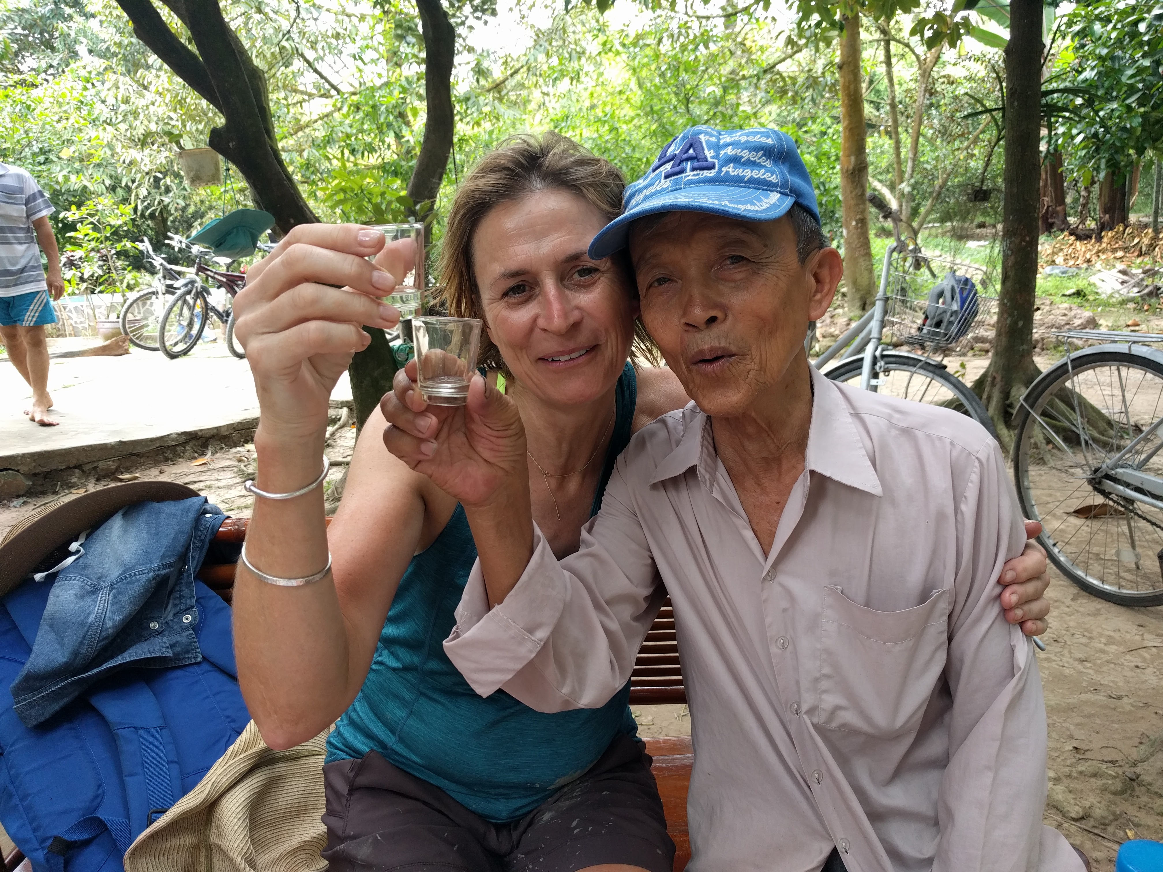 Hi Claire,
I’m going through photos and came across some absolute corkers from when we met up in Vietnam in 2017 – what a laugh we had! From cocktails on rooftop bars, shots in the jungle with the locals (pic), cycling through the forest on slightly dodgey bikes to wading through mud to catch fish – always up for a laugh and an adventure aunty Claire, you made this trip so much fun. 
James, Tom, Alfie, Naomi and Angus are being absolute troopers in this extremely difficult time, I know you’ll be so so proud. 
As I said to Naomi when I came to visit you with mum, you bring glam to the fam and you’re still bringing it!
I’m thinking of you everyday and continue to send you all my love xxx