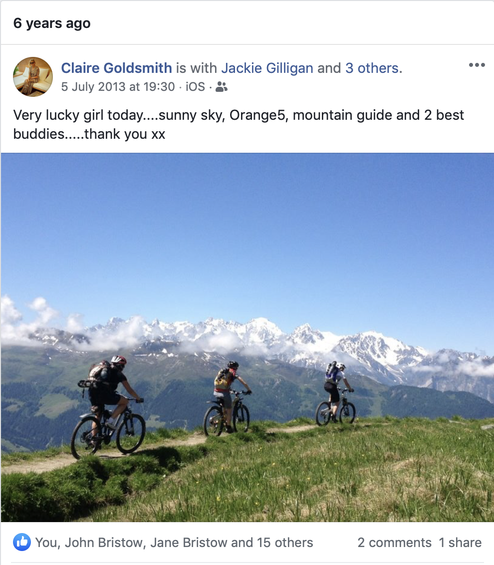 This popped up on my FaceBook account this morning.  Six years to the day since Claire, Jackie and Kate were staying at our place and exploring the beautiful Val de Bagnes on their bikes. 

Time in the mountains always gives a sense of perspective and humility. It's fabulous that they're a passion shared by the entire Goldsmith clan. 

The beautiful visitors' book that Claire made and gave us after her stay is a permanent presence on the sideboard in our apartment and and provides a reminder to us to follow Claire's example and carpe diem.
