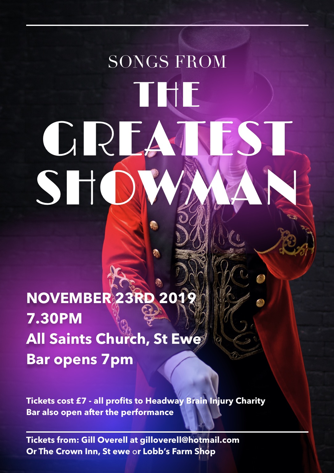 If anyone happens to be in Cornwall on Saturday 23rd November, I am putting on a musical in a day with a cast of 40 locals! We are performing songs from The Greatest Showman so it will definitely be good fun and all profits will be going to HEADWAY. 

