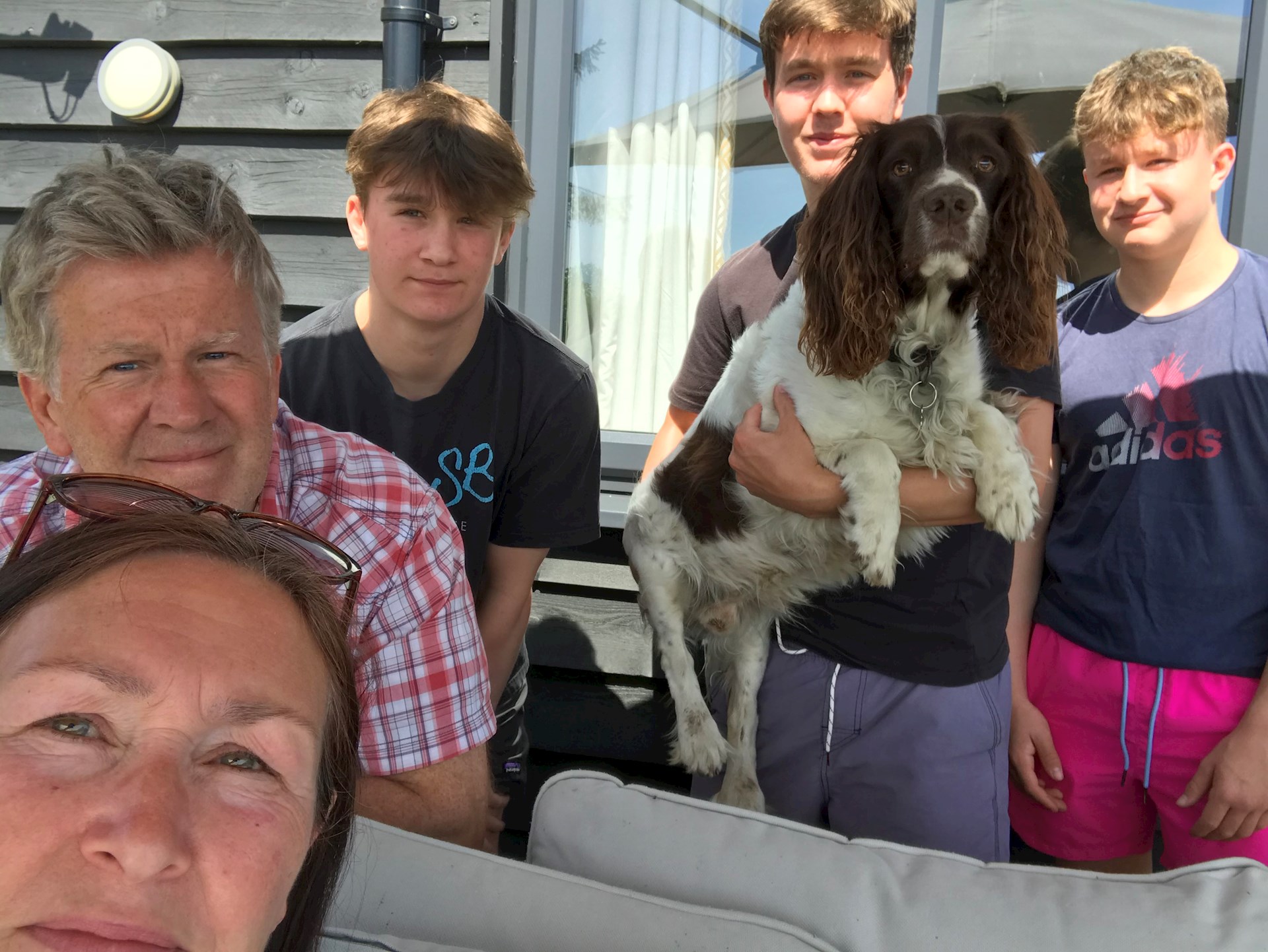 Hi Ross. You have no idea how hard it was to get the dog to pose for a photo !  We’re all thinking of you. Love from Kevin, Mother and the 3Gs (and Archie). X
